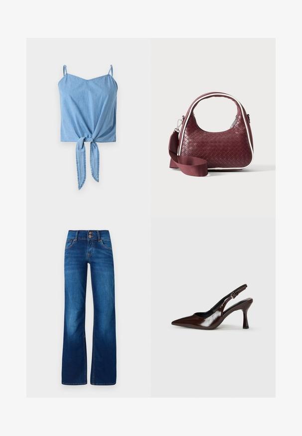 Top corto de mezclilla azul claro con tirantes delgados ajustables, detalle de nudo retorcido en la parte delantera y textura suave.; Jeans de pernera ancha en denim azul, con dos botones frontales, costuras naranjas y una textura suave. Diseño clásico de cinco bolsillos.; Zapatos de tacón slingback de charol marrón con punta afilada, tacón delgado y correa ajustable con una pequeña hebilla.; Bolso de mano de cuero tejido color granate con asa curva, ribete blanco, cremallera plateada y correa desmontable de tela ancha para el hombro sobre fondo liso.