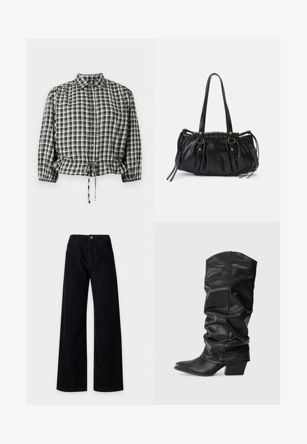 Blouse à carreaux noirs et crème avec un col chemise, fermeture par boutons et taille élastiquée avec cordon de serrage. Manches longues avec poignets.; Pantalon large en velours côtelé noir avec poches avant et fermeture à bouton à la taille, présenté sur un fond clair uni.; Bottes noires en cuir, montantes jusqu'au genou, avec un design plissé, un bout pointu et un talon épais, présentant une texture lisse et des coutures minimales.; Sac à main en cuir noir avec une forme arrondie, deux poignées, des accents en matériel décoratif et des détails de liens sur les côtés. Texture lisse et brillante.