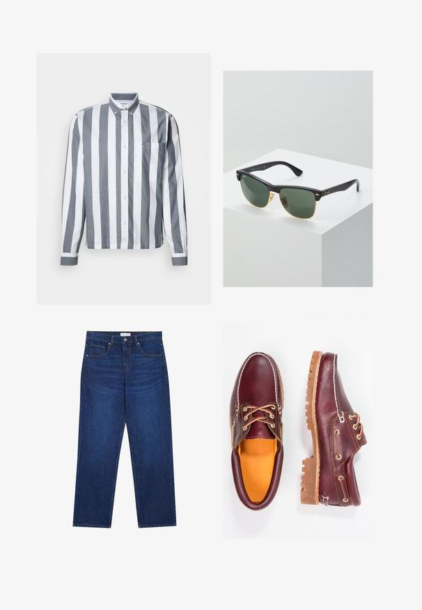 Chemise boutonnée avec rayures verticales grises et blanches, manches longues, poche poitrine et col classique. Fabriquée en tissu léger.; Jean en denim bleu foncé avec une coupe droite, équipé d'une fermeture boutonnée et à zip, de cinq poches et de détails de couture visibles.; Chaussures en cuir bourgogne avec semelles en caoutchouc marron, bout rond, couture blanche et œillets dorés. L'intérieur présente une doublure jaune.; Lunettes de soleil Ray-Ban avec des verres verts, monture en plastique noir et accents dorés sur les bords. Forme carrée avec une finition mate.