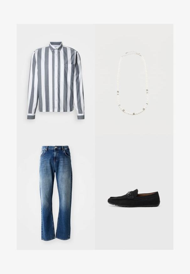 Hemd mit Knopfleiste, vertikalen grauen und weißen Streifen, langen Ärmeln, einer Brusttasche und klassischem Kragen. Hergestellt aus einem leichten Stoff.; Denimjeans mit geradem Schnitt, hellblauer und dunkelblauer Waschung mit Verblassungen, fünf Taschen und einem Knopfverschluss.; Schwarze Wildleder-Loafer mit rundem Zehenbereich, dekorativem Riemen und Details aus silberfarbenem Metall. Flexible Gummisohle für Traktion und Komfort.; Weiße Perlenkette mit silbernen Strasszwischenstücken und einem silbernen Kettenverschluss, präsentiert vor einem einfachen hellen Hintergrund.