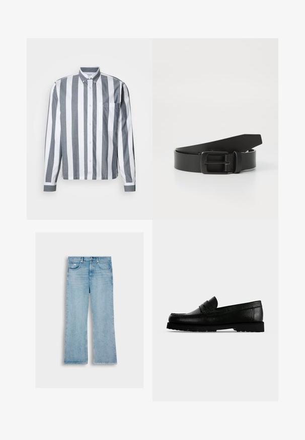 Overhemd met knopen, voorzien van verticale grijze en witte strepen, lange mouwen, een borstzakje en een klassieke kraag. Gemaakt van een lichtgewicht stof.; lichtblauwe denim jeans met een rechte pijp, met vijf zakken, een knoopsluiting en stiksels langs de naden.; Zwarte leren penny loafer met getextureerd bovenwerk en dikke profielzool, weergegeven in zijaanzicht op een effen lichte achtergrond.; Zwarte leren riem met een matte zwarte metalen gesp, met een gladde textuur en eenvoudig ontwerp. Verstelbare lengte met een taps toelopend uiteinde.