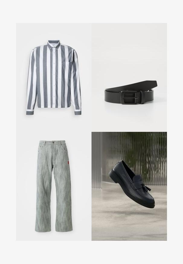 Skjorte med knapper og lodrette grå og hvide striber, lange ærmer, en brystlomme og en klassisk krave. Fremstillet af et letvægtsstof.; Lys grå lige ben jeans med for- og baglommer, knaplukning og et lille rødt stofmærke på højre side.; Sorte læderloafers med en glat tekstur, en rundet tå og dekorative kvaster foran. Fleksibel gummisål med lav hæl.; Sort læderbælte med spænde i mat sort metal, der har en glat tekstur og enkelt design. Justerbar længde med en tilspidset ende.