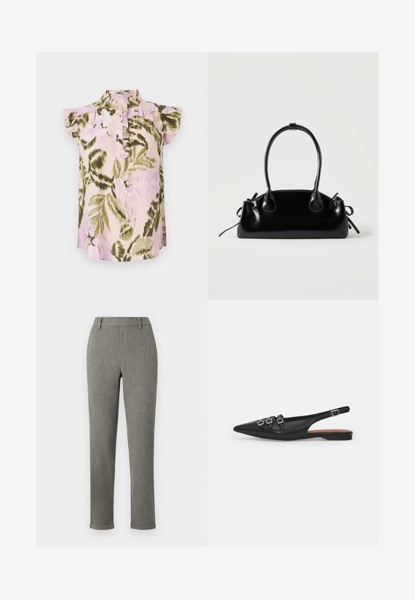 Bluse mit Blumenmuster, hohem Kragen, kurzen Rüschensäumen und Knopfleiste. Die Farben umfassen Hellrosa, Grün und Lavendel.; Graue, maßgeschneiderte Slim-Fit-Hosen mit Gürtelschlaufen und umgeschlagenen Säumen, geeignet für formelle Anlässe oder das Büro.; Schwarze Leder-Slingback-Ballerina mit spitzem Zeh, ausgestattet mit zwei horizontalen Riemen und quadratischen silbernen Schnallen, mit flachem Absatz und glatter Oberfläche.; Kleine schwarze glänzende Handtasche mit zwei langen Griffen und seitlichen Kordelzug-Details vor einfachem hellem Hintergrund.