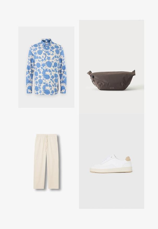 Chemise à manches longues avec un motif floral bleu sur fond blanc, dotée d'un col classique et de boutons beige sur le devant.; Pantalon beige à taille élastique avec cordon et poches latérales, coupe droite, présenté sur un fond blanc plat.; Baskets basses blanches avec un dessus en cuir texturé, semelle crémée à stries, et accent de talon tan. Présente des lacets blancs et un logo sur le talon.; Sac banane en tissu marron foncé avec poche zippée en diagonale et petit logo blanc sur le devant, sur un fond clair uni.