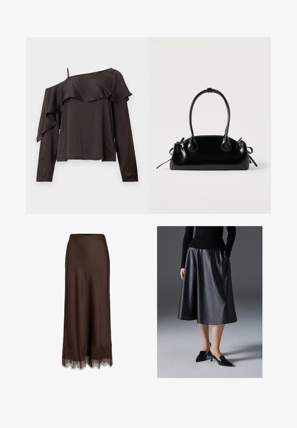 Off-the-shoulder blouse met lange mouwen in donkerbruin stof, met een rucheontwerp langs de zoom, en voorzien van een enkele dunne schouderband aan één kant.; Donkerbruine lange rok met aansluitende taille en ingewikkeld kanten trim aan de zoom.; Zwarte leren midi-jurk met een gladde textuur; heeft een tailleband en zijzakken. Gepaarde met glanzende zwarte hakken.; Kleine zwarte glanzende handtas met twee lange hengsels en zijkant trekkoord details op een effen lichte achtergrond.