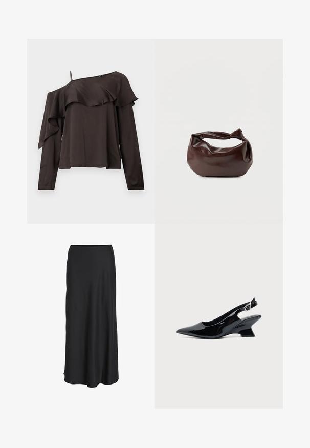 Blusa de manga larga y hombros al aire en tela marrón oscuro con un diseño de volantes en el dobladillo, que presenta una sola tirante delgada en un costado.; Falda larga negra confeccionada en una tela suave y ligera. Presenta una silueta sencilla en línea A con un dobladillo ligeramente acampanado y sin cierres visibles.; Zapato slingback de cuero charol negro con puntera puntiaguda y tacón bajo en bloque inclinado sobre fondo claro liso.; Bolso de hombro de cuero marrón oscuro con una forma suave y caída, y un asa con nudo torcido sobre un fondo blanco liso.