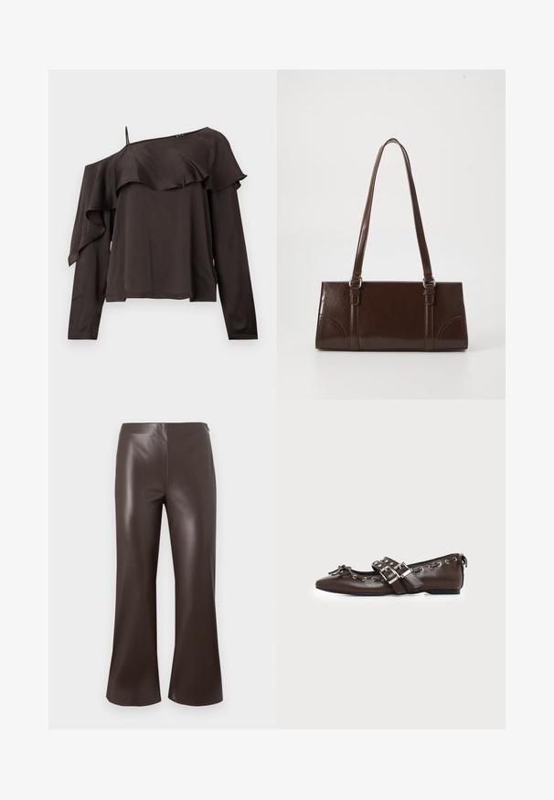 Blouse à épaules nues et à manches longues en tissu brun foncé avec un design froncé le long de l'ourlet, dotée d'une fine bretelle sur un côté.; Pantalons évasés en simili cuir marron avec une taille haute et une texture lisse, présentant un design épuré et soigné avec de larges ouvertures de jambe.; Chaussure plate en cuir marron foncé avec bout pointu, doubles brides à boucles argentées, œillets métalliques et nœud décoratif à l'avant.; Sac à main en cuir verni marron de forme rectangulaire, avec deux longues poignées et des accents courbés subtils à l'avant.