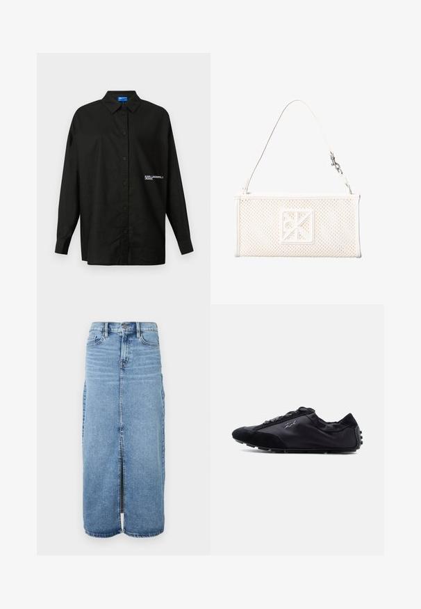 Mustrik mustärikuub, klassikalise kraega, pikkade varrukatega ja vasakul küljel brodeeritud logoga. Valmistatud siledast kangast.; Heled sünnipäeva seeliku maxi sinises denimis, millel on esine lõhik, nupulukk ja viis taskut. Omab klassikalist õmblust ja sirget lõiget.; Must madala profiiliga tennisejalanõu paeladega, seemisnahast varba- ja kannaosadega ning küljel väikese Karl'i logoga.; Valge ristkülikukujuline võrk-käekott ühe rihmaga ja esiküljel ruudukujuline dekoratiivne embleem.