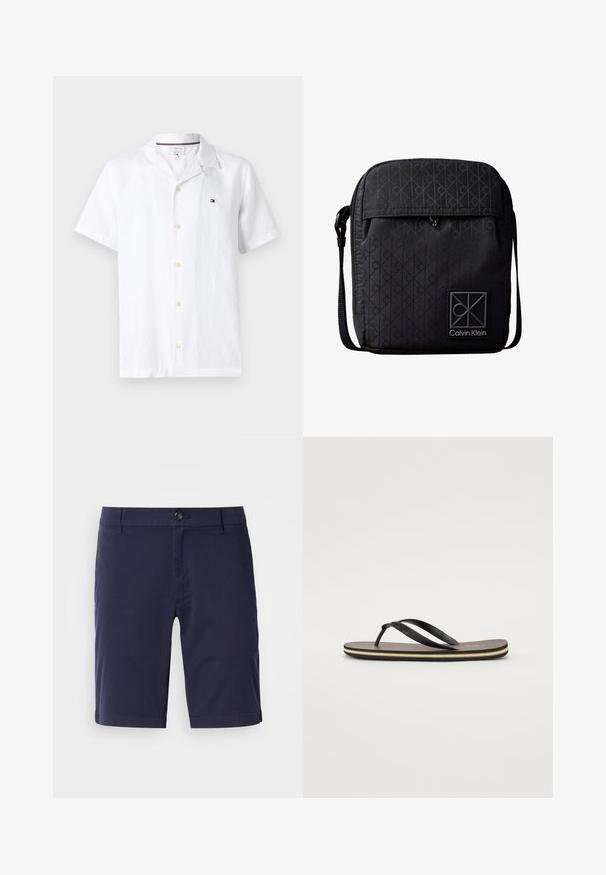 Valkoinen, lyhythihainen napillinen paita, jossa on leirikaulus ja pieni Tommy Hilfiger -logo vasemmassa rinnassa.; Tummansinisiä shortseja, joissa on tasainen etuosa, nappisulku ja sivutaskut. Valmistettu kevyestä kankaasta, jolla on sileä pinta.; Mustat hajareleet, joissa on teksturoitu ruskea pohja, ohuet mustat hihnat ja hillitty valkoinen yksityiskohta pohjan reunassa.; Musta Calvin Kleinin olkalaukku säädettävällä remmillä, etutaskulla, hillityllä monogrammikuviolla ja brändilogolla varustettu läppä.