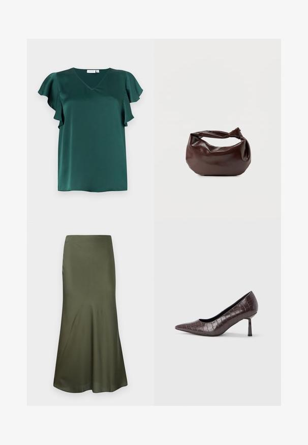 Blusa de satén verde oscuro con escote en V y mangas con volantes sobre un fondo blanco liso.; Falda midi ajustada de satén color verde oliva, con un corte acampanado en el dobladillo, exhibida sobre un fondo blanco.; Tacones puntiagudos de cuero sintético marrón con textura de cocodrilo, con un tacón delgado y angular y un forro interior suave.; Bolso de hombro de cuero marrón oscuro con una forma suave y caída, y un asa con nudo torcido sobre un fondo blanco liso.