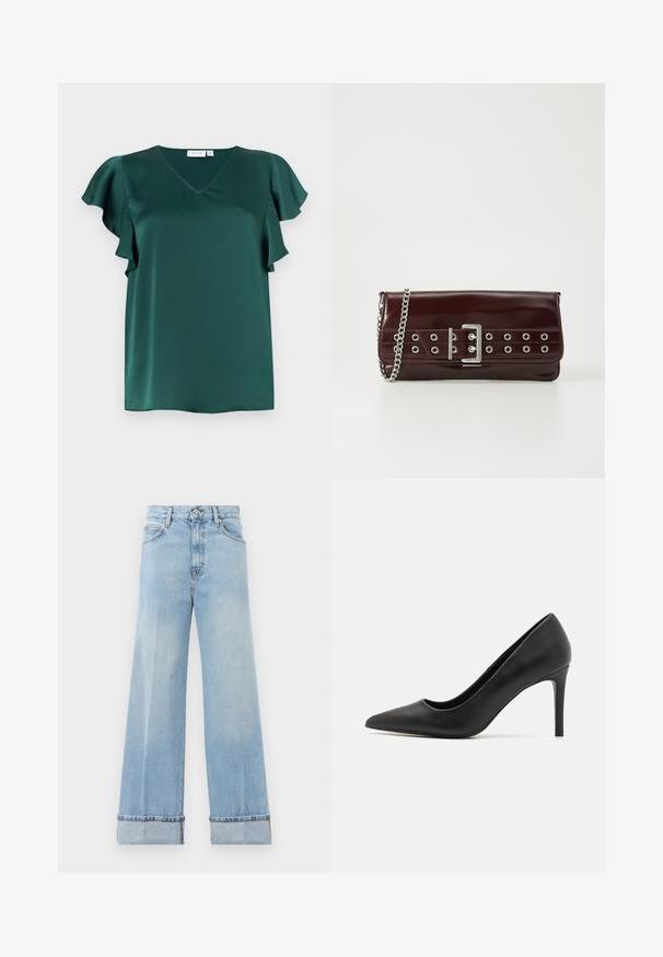 Donkergroene satijnen blouse met V-hals en zwierige mouwen tegen een effen witte achtergrond.; Lichtblauwe wijde jeans van denim, met een hoge taille, omgeslagen zoom en klassieke vijf-pocket ontwerp. Schone afwerking met minimale slijtage.; Zwarte hoge hakpumps met een spitse neus, gemaakt van glad leer, met een slank ontwerp en een dunne, cilindrische hak.; Bordeaux faux leren clutch met een zilveren kettinghengsel, voorzien van een gespontwerp en metalen ogen over de voorkant voor extra detail.