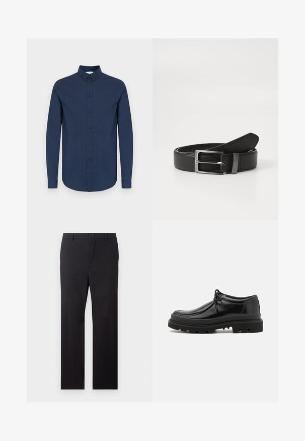 Chemise bleu marine à manches longues avec col boutonné, tissu texturé et six boutons sur le devant. Ourlet arrondi et poignets à un bouton.; Pantalon noir droit avec passants de ceinture et fermeture à bouton sur le devant, sur fond blanc.; Chaussures derby en cuir noir au design élégant, bout rond et semelle en caoutchouc texturé avec des rainures profondes pour une meilleure traction.; Ceinture en cuir noir avec une boucle en métal argenté, présentant une finition lisse et un design classique. La ceinture est soigneusement pliée.
