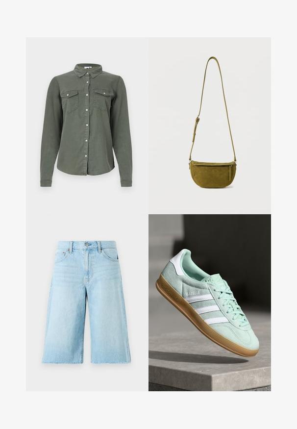Donkergroene overhemd met lange mouwen, twee borstzakken, zachte stof en een klassieke kraagontwerp. Heeft witte knoopaccenten.; Lichtblauwe denim shorts met een losse pasvorm, een rafelige zoom, vijf zakken en metalen hardware. Klassiek jeansontwerp met subtiele vervaging.; Adidas Gazelle sneaker in muntgroen suede met witte accenten, vetersluiting en een gumrubberen zool. Voorzien van drie witte strepen.; Olijfgroene suède schoudertas met verstelbare riem en ritssluiting aan de voorkant op een effen witte achtergrond.