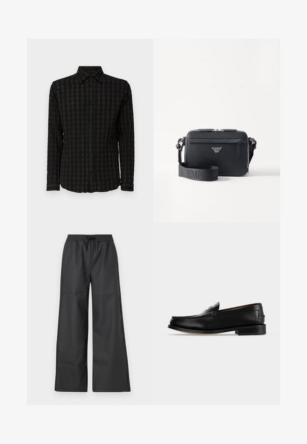 Zwarte langemouwen shirt met een gestructureerd ruitpatroon in donkere tinten, voorzien van een knoopsluiting aan de voorkant, een kraag en manchet met bijpassende strepen.; Han Kjøbenhavn RELAXED TRACK TROUSERS - Broek - black; Zwarte leren herenloafer met een lage hak en mocassinstiksels op de teen, zijaanzicht op een effen achtergrond.; Zwarte crossbody tas gemaakt van gestructureerd materiaal. Beschikt over een ritssluiting, een voorzak met rits en een metalen logoaccent. Inclusief verstelbare schouderband.