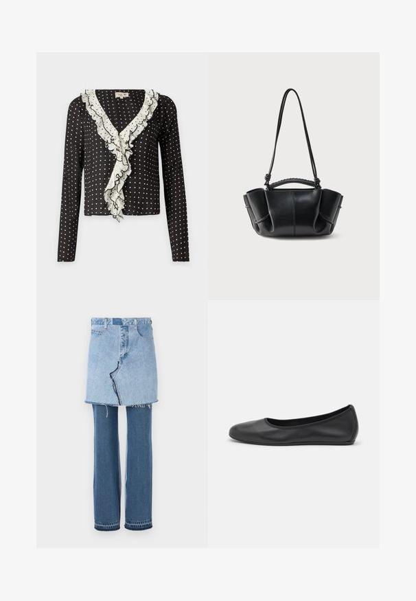 Haut à manches longues noir avec des pois blancs et un décolleté en V volanté bordé de blanc, fabriqué dans un tissu doux et texturé.; Vêtements en denim combinant une mini-jupe bleu clair en haut et un jean évasé bleu foncé en bas ; présente un ourlet effiloché et une texture denim classique.; Ballerines en cuir noir avec un bout rond, texture lisse, détails de couture minimalistes et design de semelle flexible.; Sac à main en cuir noir avec une silhouette courbe, des côtés froncés, une anse tressée et une longue bandoulière fine sur fond blanc.