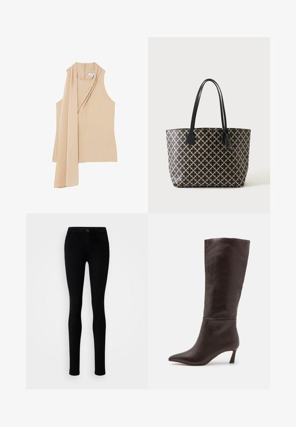 Ærmeløs beige top med draperet stofdetalje på venstre side og lynlås på ryggen.; Sorte skinny jeans lavet af strækbart denim, med en lukning foran med knap, fem lommer og en glat, jævn tekstur.; Steve Madden LAVAN - Høje støvler/ Støvler - brown; Sort mulepose med beige krydsmønster, to lange hanke og en hængende mærkat på en ensartet lys baggrund.