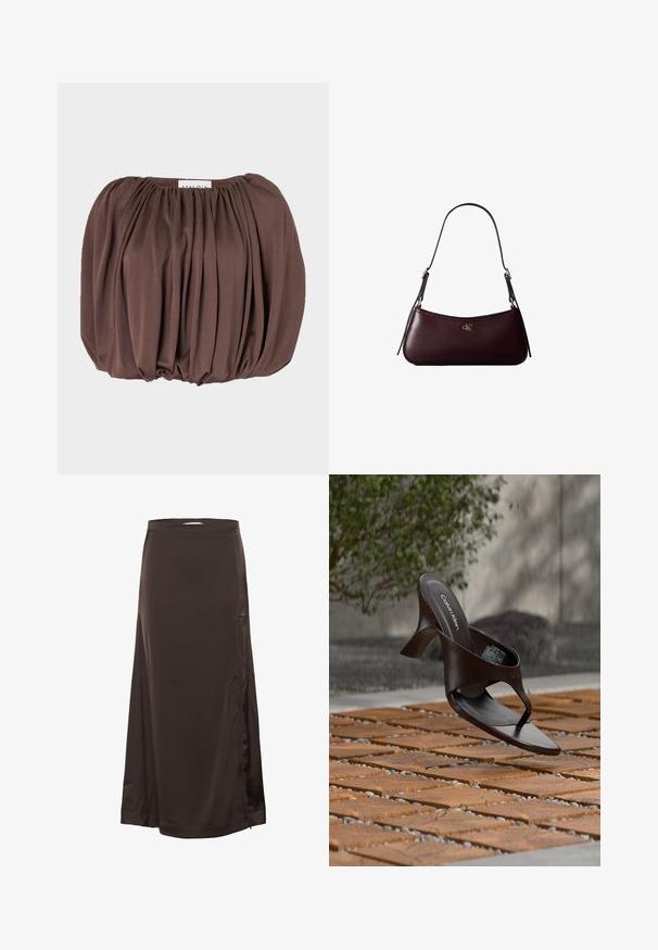 Brun puff-sleeve top lavet af blødt stof med plisseret design, der har en samlet halsudskæring og afrundet kant.; Lang, mørkebrun satin skørt med en tætsiddende talje og subtil splittelse i siden, glat tekstur og let shine.; Brun Calvin Klein hælet thong sandal svævende over træflise og grus udendørs med sløret grønt og stenmur i baggrunden.; Mørk bordeaux læderhåndtaske med en tynd sort skulderrem og lille gyldent "cK" logo foran i midten.