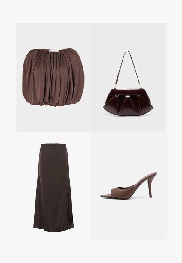 Brun puff-sleeve top lavet af blødt stof med plisseret design, der har en samlet halsudskæring og afrundet kant.; Lang, mørkebrun satin skørt med en tætsiddende talje og subtil splittelse i siden, glat tekstur og let shine.; Brune læder open-toe højhælede mules med et slankt design, der har en bred frontrem og en slank stiletto-hæl.; Mørkebrun læderhåndtaske med opsamlede plisseringer, guldfarvet hardware og en enkelt skulderrem mod en enkel lys baggrund.