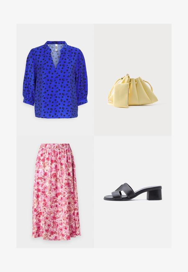 JDY Petite JDYADALINE - Blouse - dazzling blue/black; Bloemrijke maxi rok met een geraffineerde tailleband. Kenmerkt zich door een felroze en crème bloemenpatroon op een lichtgewicht stof.; Zwarte open-toe slip-on sandaal met blokhak en uitgesneden leren bandjes met witte stikdetails.; Zachte gele handtas met trekkoord en een bijpassend klein etui met rits eraan vastgemaakt, geplaatst tegen een effen witte achtergrond.