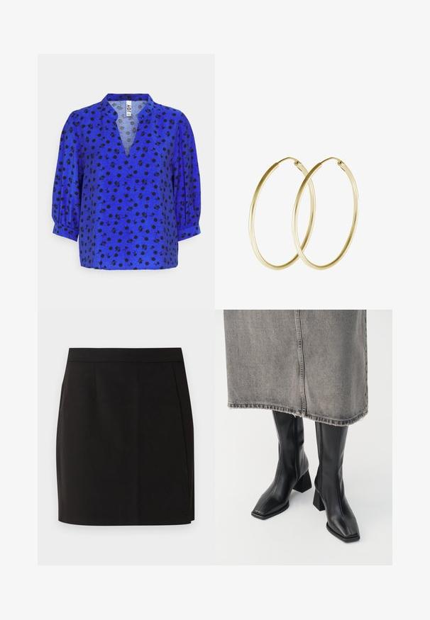 JDY Petite JDYADALINE - Blouse - dazzling blue/black; Jupe droite noire longueur genou avec une taille ajustée et des détails de couture subtils sur fond blanc.; Bottes noires montantes en cuir lisse avec un bout carré et un talon bloc. Portées avec une jupe en denim grise à l'ourlet effiloché.; Boucles d'oreilles en or en forme de cerceau, présentant un design lisse et rond avec une finition brillante. Construction légère avec un fermoir sécurisé.