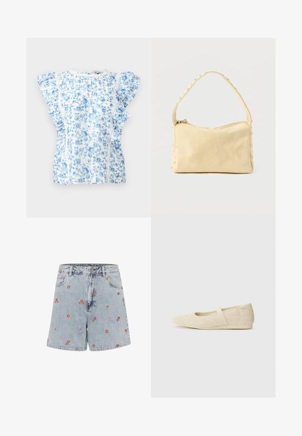 Hvid bluse med blåt blomstermønster, blonderkant, rynket halsudskæring og korte ærmer med flæser.; Lysblå denimshorts med rød blomsterbroderi. Har høj talje, frontlommer og lige pasform.; Lysebrune ballet flats med en glat læderoverflade, mandelformet tå og elastisk rem over vristen, med diskrete syninger.; Lille beige læderhåndtaske med en enkelt rem og sølvnitter langs kanterne og remmen, sat mod en ensfarvet baggrund.