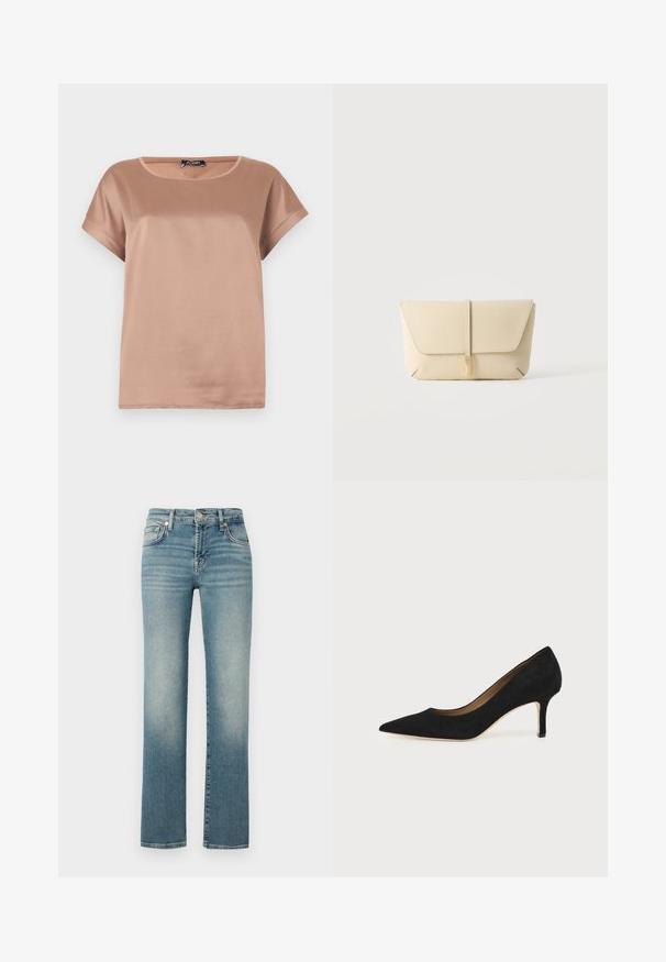 Blouse en satin marron clair à manches courtes, col rond, coupe décontractée et légère brillance sur fond uni.; Jean en denim bleu avec une coupe droite, présentant des zones décolorées, un design à cinq poches et une fermeture en métal à la taille.; Escarpin en daim noir à bout pointu avec un talon stiletto fin de hauteur moyenne et un design à coupe basse sur un fond uni.; Pochette en cuir beige avec rabat avant et fermeture par sangle verticale, sur un fond clair uni.