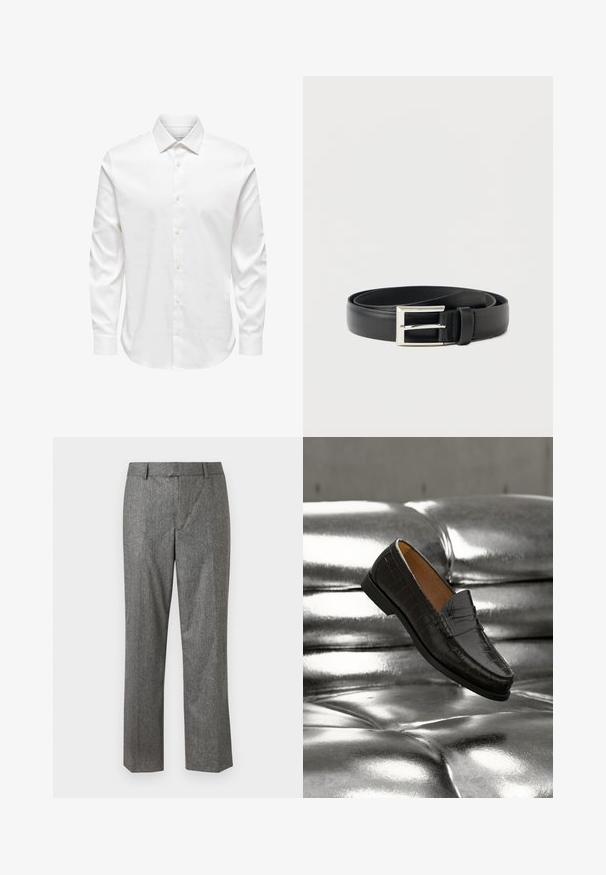 Chemise blanche pour homme à manches longues avec col pointu et rangée avant de boutons blancs sur fond uni.; Pantalons ajustés gris en tissu texturé, design à jambes droites, avec poches avant et taille plate. Pas de fermetures visibles.; Mocassin en cuir noir à motif crocodile flottant au-dessus d'un canapé argenté brillant à capitonnage, mettant en valeur les détails et la texture de la chaussure en gros plan.; Ceinture en cuir noir avec une boucle carrée en argent, présentant une texture lisse et un design classique, enroulée soigneusement.