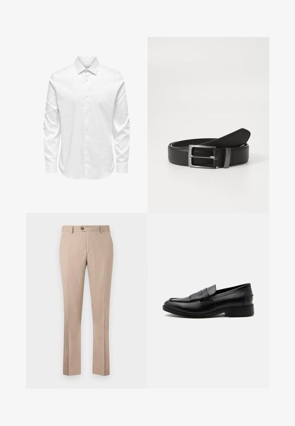 Camisa de vestir blanca para hombre de manga larga con cuello puntiagudo y fila frontal de botones blancos sobre un fondo liso.; Pantalones beiges hechos de una tela ligera, con un corte recto, cierre de un solo botón y dos bolsillos frontales.; Mocasín negro de cuero para hombre con detalle de borlas, punta redondeada, tacón bajo y acabado liso y pulido, mostrado de lado sobre un fondo blanco.; Cinturón de cuero negro con hebilla de metal plateada, que presenta un acabado suave y un diseño clásico. El cinturón está neatly doblado.