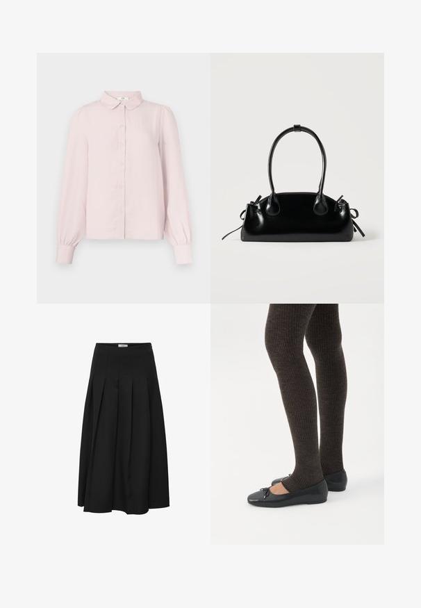 Chemise rose pâle à manches longues avec col, boutonnage frontal et manches froncées, confectionnée dans un tissu doux à la texture lisse.; Jupe midi plissée noire en tissu lisse. Elle présente une taille haute et une silhouette fluide avec des plissés soigneusement cousus.; Jambes portant des leggings côtelés foncés associés à des ballerines noires avec de petits détails en nœud sur fond blanc.; Petit sac à main noir brillant avec deux longues anses et des détails à cordon sur les côtés sur un fond clair uni.