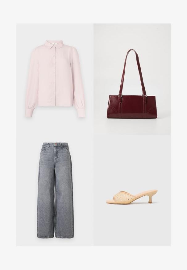 Chemise rose pâle à manches longues avec col, boutonnage frontal et manches froncées, confectionnée dans un tissu doux à la texture lisse.; Jean en denim à jambes larges dans un délavé gris, avec cinq poches, une fermeture à bouton et une texture douce avec des détails de whiskering subtils.; Mules à talons ouverts beige avec une finition matte lisse, ornés de strass transparents disposés en motif sur le dessus.; Sac à main bordeaux en matériau brillant, de forme rectangulaire, avec deux anses et des accents légèrement courbés à l'avant.