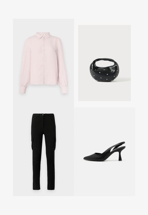 Lichtroze shirt met lange mouwen, voorzien van een kraag, knoopsluiting aan de voorkant en gerimpelde mouwen, gemaakt van zachte stof met een gladde textuur.; Zwarte cargobroek met een slim fit, voorzien van zijzakken, een knoopsluiting en een gladde, licht gestructureerde stof.; Zwarte slingback hakken met een puntige neus, gemaakt van soepel leer. Beschikt over een uitsnijdingen ontwerp en een stevige, taps toelopende hak.; Zwarte leren handtas met een afgeronde vorm, versierd met zilveren studs, en een korte handgreep. Gladde textuur en ritsluiting.