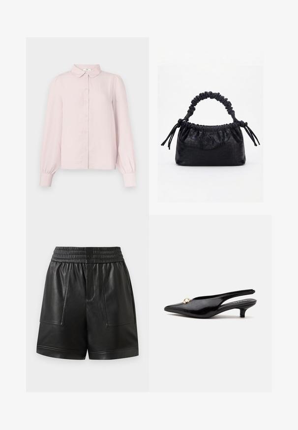 Hellrosa Langarmhemd mit Kragen, durchgehender Knopfleiste und gerafften Ärmeln, gefertigt aus weichem Stoff mit glatter Textur.; Schwarze Kunstleder-Shorts mit elastischem Bund, vorderem Druckknopf, großen Front-Patchtaschen und geradem Saum.; Schwarzer Slingback aus Lackleder mit kleinem Absatz, spitzer Zehenpartie und kleinem goldrundem Schmuck oben.; Schwarze Handtasche mit Krokodilstruktur, gerafftem oberen Rand, zusammengezogenem Griff und Zugkordeln mit Quasten an jeder Seite vor weißem Hintergrund.