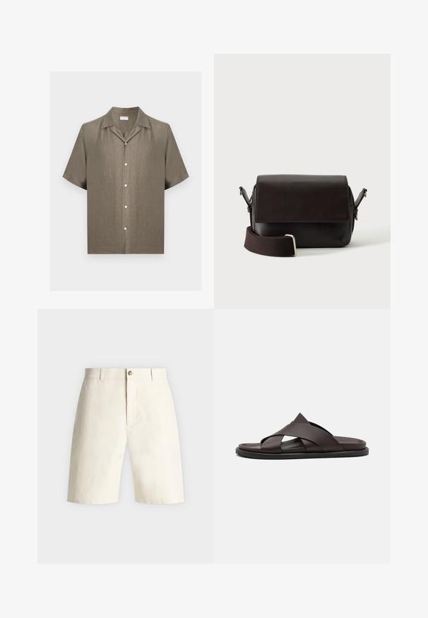 Chemise à manches courtes boutonnée en lin beige avec col camp, cinq boutons devant et coupe décontractée.; Shorts couleur crème longueur genou avec passants de ceinture, un bouton devant et une fermeture éclair cachée sur un fond uni.; Stuart Weitzman BERKLEY - Mules - espresso; Sac bandoulière en cuir marron foncé avec fermeture à rabat et sangle en tissu réglable sur fond blanc.