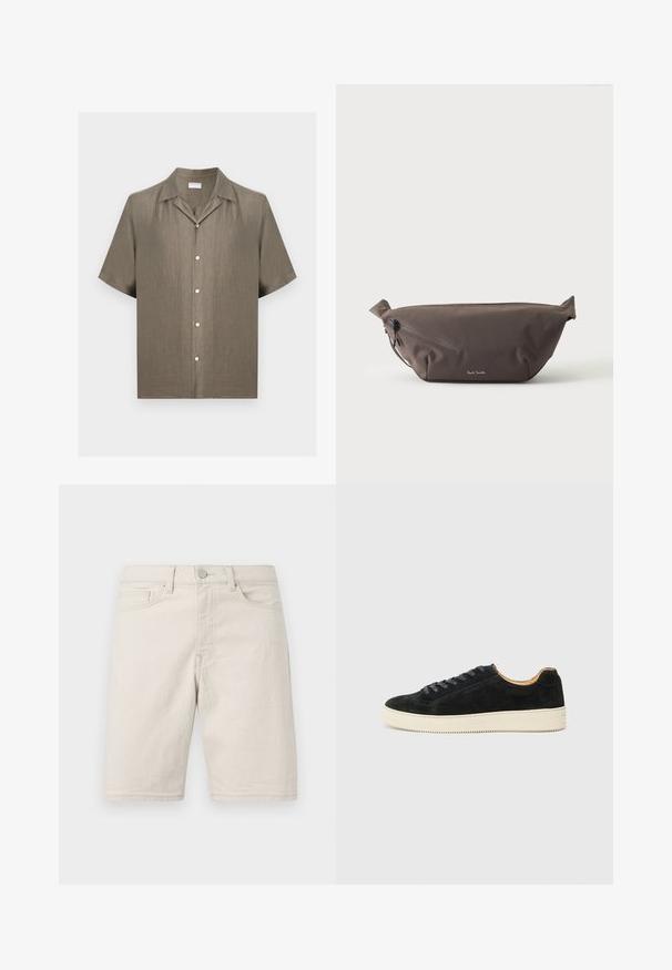 Chemise à manches courtes boutonnée en lin beige avec col camp, cinq boutons devant et coupe décontractée.; Shorts en jean beige longueur genou avec bouton frontal, passants pour ceinture et design à cinq poches sur un fond clair.; Baskets en daim noir au design bas, avec des lacets assortis, une semelle en caoutchouc texturé crème et une silhouette minimaliste.; Sac banane en tissu marron foncé avec poche zippée en diagonale et petit logo blanc sur le devant, sur un fond clair uni.