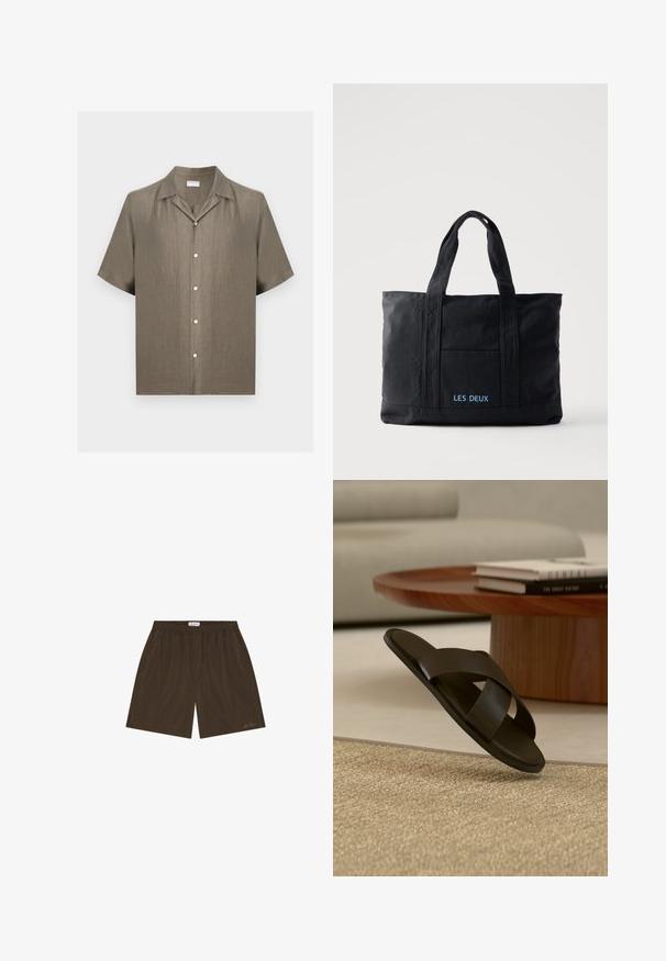 Chemise à manches courtes boutonnée en lin beige avec col camp, cinq boutons devant et coupe décontractée.; Shorts décontractés marron avec taille élastique, poches latérales et logo discret de la marque près de l'ourlet sur la jambe droite.; Sandale slide en cuir noir avec larges brides croisées sur un tapis beige, près d'une table basse ronde en bois avec des livres empilés.; Sac cabas en toile noire avec deux anses, poche avant et "LES DEUX" brodé en bleu sur la poche avant.