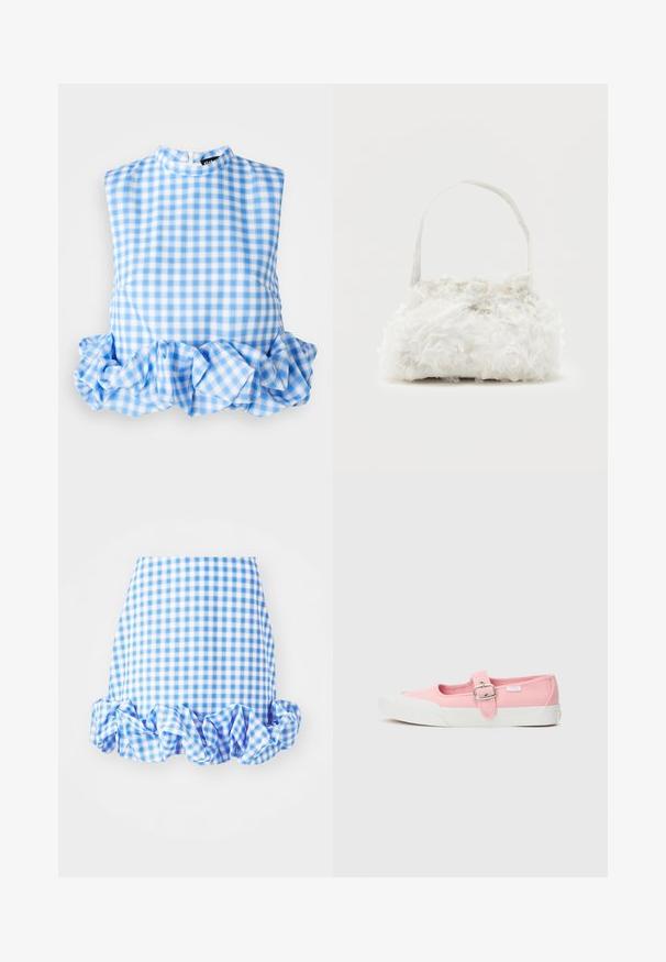Top sin mangas de estampado de cuadritos azul y blanco, con dobladillo con volantes y escote alto. La tela es ligera y suave. Cierre en la parte posterior con cremallera.; Falda de cuadros en azul y blanco con un dobladillo con volantes. Presenta una silueta ajustada y una textura de tela suave. El patrón consiste en pequeños cuadros a cuadros.; Zapatilla de lona rosa con suela plana, que presenta una correa y hebilla en la parte media del pie. Suela de goma blanca con un diseño limpio y simple.; Pequeño bolso blanco con rosas de tela que cubren su cuerpo y una delgada correa única como asa, sobre un fondo liso.