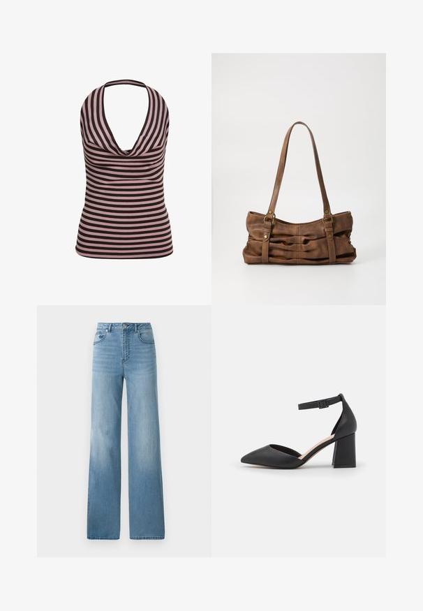 Ärmelloses Neckholder-Top mit schwarzen und staubrosa horizontalen Streifen und einem drapierten Ausschnitt.; Helleblaue hochtaillierte Jeans mit geradem Bein. Aus Denim gefertigt, mit fünf Taschen und einem Knopfverschluss.; Schwarzer Pumps aus Leder mit geschlossenem Zehenbereich, Blockabsatz und verstellbarem Knöchelriemen, auf weißem Hintergrund dargestellt.; Even&Odd Handtasche - brown
