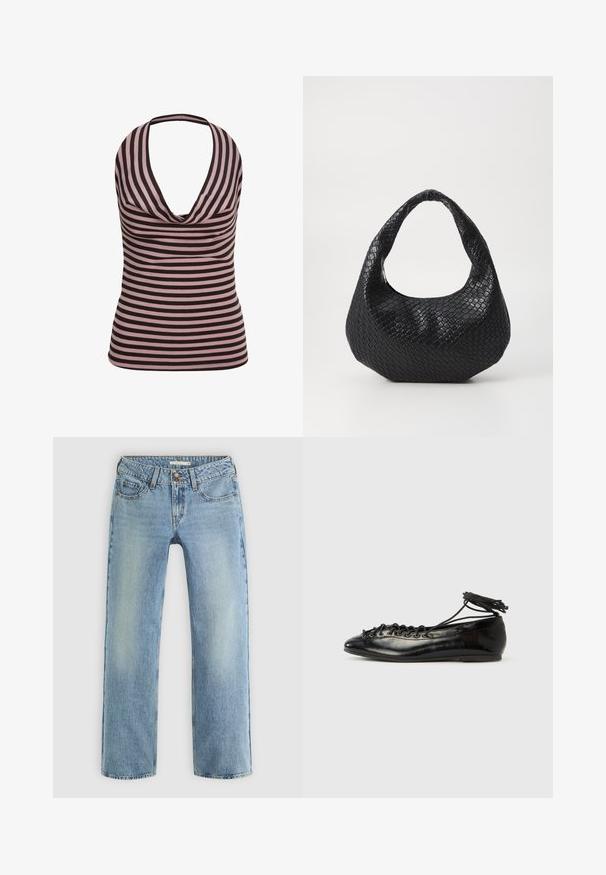 Ärmelloses Neckholder-Top mit schwarzen und staubrosa horizontalen Streifen und einem drapierten Ausschnitt.; Hellblaue gerade geschnittene Jeans aus Denim, mit Knopfverschluss, fünf Taschen und subtiler Ausbleichung entlang der Beine.; Schwarze Ballerinas aus Lackleder mit runder Spitze, Schnürdesign und flacher Sohle. Glatte Textur mit minimaler Verzierung.; Schwarze gewebte Handtasche mit einem gebogenen Griff, die eine strukturierte Oberfläche und eine lässige Form hat. Glatte Oberfläche mit einer organischen Silhouette.