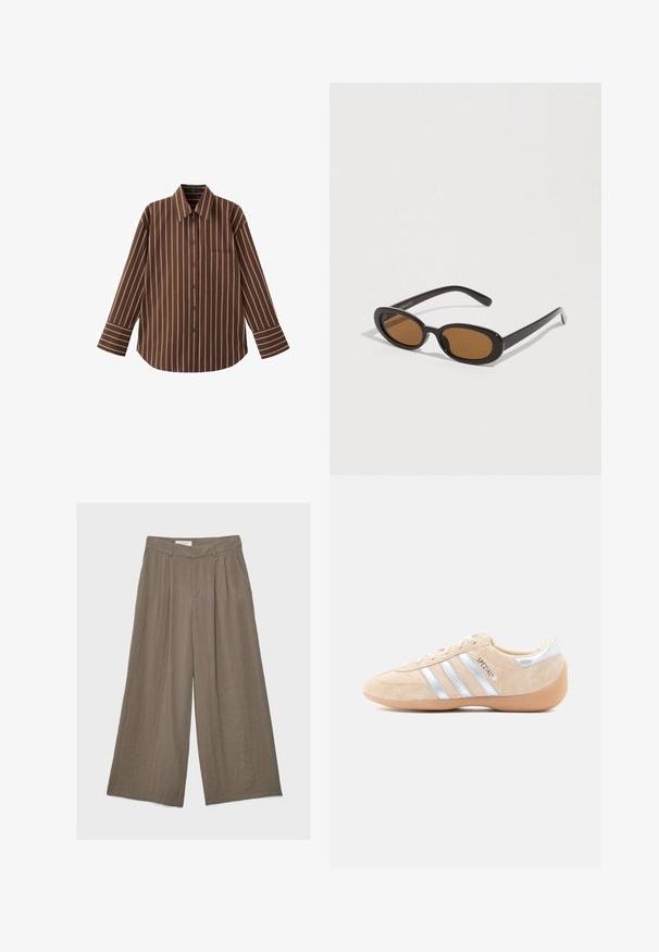 Chemise marron à manches longues avec boutons et rayures verticales blanches, dotée d'une poche poitrine, posée à plat sur un fond blanc.; Pantalon taupe à jambes larges avec plis, poches latérales et ceinture, posé à plat sur un fond uni clair.; Baskets en daim beige avec accents argentés, trois bandes latérales, semelle en caoutchouc naturel, et détails texturés sur l'orteil et le talon.; Lunettes de soleil avec des verres ovales marron, monture en plastique noir et branches fines. Texture lisse avec un design minimaliste.