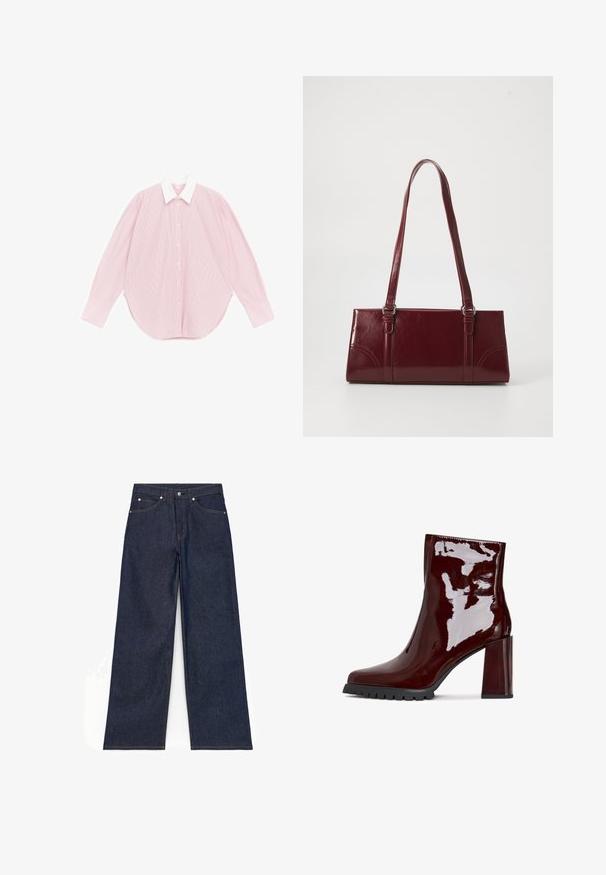 Lichtroze, lang mouwen overhemd met knopen en brede manchetten, met een contrasterende witte, puntige kraag, plat gelegd op een witte achtergrond.; Donkerblauwe jeans met wijde pijpen, vooraan knopen, rits en voor- en achterzakken, plat liggend op een witte achtergrond getoond.; Glanzende bordeaux enkelboot met een vierkante neus, chunky doorzichtige hak en gestructureerde zwarte zool. Vloeiend oppervlak met een hoge glansafwerking.; Bourgondische handtas van glanzend materiaal, rechthoekige vorm, met twee schouderbanden en subtiele gebogen accenten aan de voorkant.