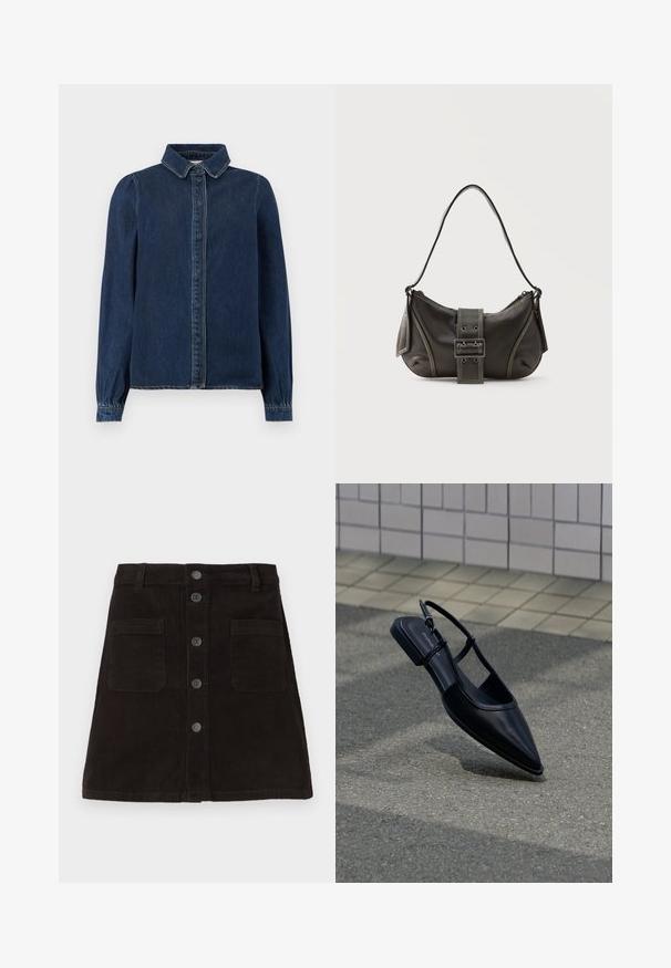 Chemise en jean bleu foncé avec un col classique, des boutons sur le devant et des manches longues avec des poignets froncés. Présente des coutures contrastantes sur l'ensemble.; Jupe A-line en velours côtelé marron avec un devant à boutons, deux poches avant et des rayures verticales texturées. Taille standard avec passants de ceinture.; Chaussure plate noire à bout pointu avec bride arrière, flottant au-dessus d'une surface en bitume à côté d'un trottoir carrelé.; Sac à épaule en cuir noir avec une sangle à boucle, des bords arrondis et des coutures blanches contrastées sur un fond uni.