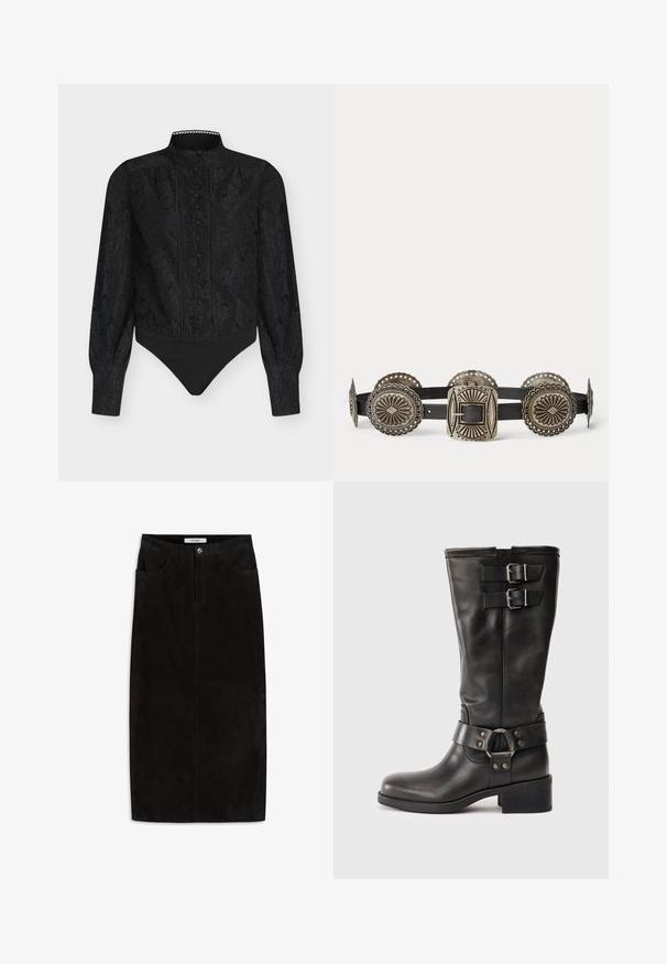 Body en dentelle noire avec manches longues, col montant, boutons décoratifs sur le devant et partie inférieure unie noire.; Jupe crayon en suède noir avec une texture lisse, dotée de cinq poches, d'une fermeture à bouton sur le devant et d'une coupe droite.; Boot en cuir noir mi-mollet avec deux boucles en argent près du haut et une sangle décorative avec un anneau en métal autour de la cheville, talon carré.; Ceinture en cuir noir avec conchos en argent ornés et une boucle carrée en argent avec des motifs géométriques gravés.