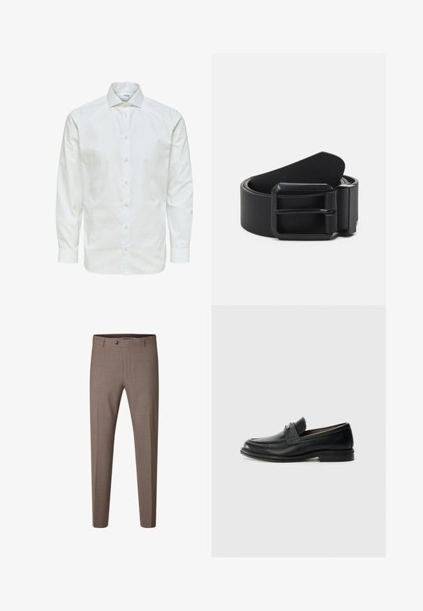 Camisa blanca de vestir de manga larga con botones en la parte delantera y cuello puntiagudo, mostrada sobre un fondo blanco.; Pantalones formales marrones de corte ajustado con botón y trabillas, mostrados sobre un fondo blanco.; Mocasines de cuero negro con un acabado suave, que presentan una banda superior texturizada, tacón bajo y detalles de costura mínimos.; Cinturón de cuero negro con una hebilla de metal negro mate, que presenta una superficie plana y suave y un extremo cónico. Diseño sencillo sin adornos.