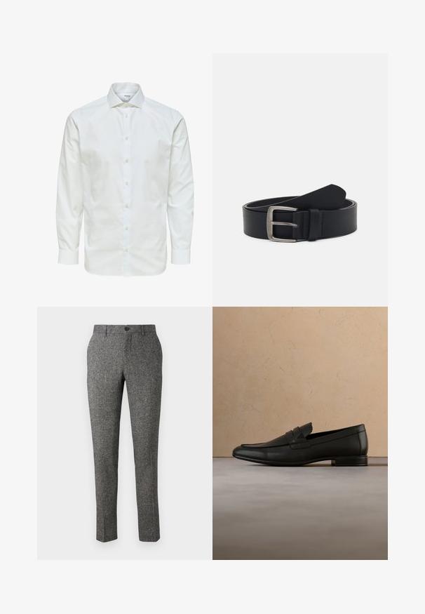 Weißes Hemd mit langen Ärmeln, durchgeknöpft vorne und spitzem Kragen, vor weißem Hintergrund dargestellt.; Lindbergh PANTS - Stoffhose - brown; Schwarzer Lederloafer schwebt über einem beigen Teppich mit beigem Sofa in einem minimalistischen Innenraum.; Schwarzer Ledergürtel mit einer silbernen Metallschnalle, verfügt über eine glatte Oberfläche und ein klassisches Design. Der Gürtel ist aufgerollt, mit dem Ende nach oben gerichtet.