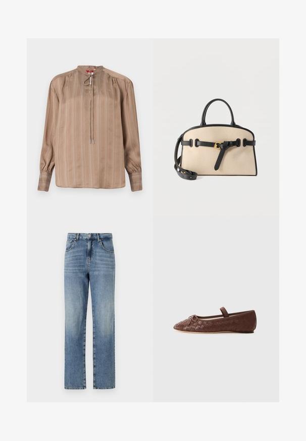 Beige blouse met lange mouwen met subtiele verticale strepen, gerimpelde schouders, hoge kraag met strikkoord en knoopmanchetten.; Lichtblauwe denim jeans met een rechte pijpdesign, voorzien van vijf zakken, een knoop- en ritsluiting, en minimale vervaging op de stof.; Bruine geweven leren balletschoenen met een ronde neus, kleine strikaccent en een elastische band om de enkel voor een veilige pasvorm.; Beige stoffen handtas met zwarte leren afwerking, handvatten en verstelbare band, met een zwarte leren riem en gouden gesp aan de voorkant.