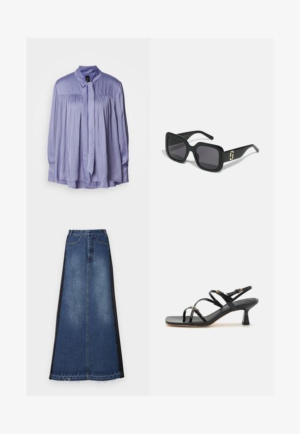 Lys lavendelbluse lavet af glat, silkeagtig stof. Har en sløjfebåndskrave og plisseret design. Lange ærmer med sammensnørede manchetter.; Maxi nederdel i denim med en blå hovedfarve og sorte sidepaneler, lige pasform, frynset kant og klassisk femlomme-design.; Sorte lakerede sandaler med stropper, kvadratisk tå og en lav blokhæl. Udstyret med guldfarvet hardware og justerbare ankelremme.; Sorte solbriller med en kraftig firkantet stel, mørke linser, glat overflade og en guldaccentdetalje på stængerne.