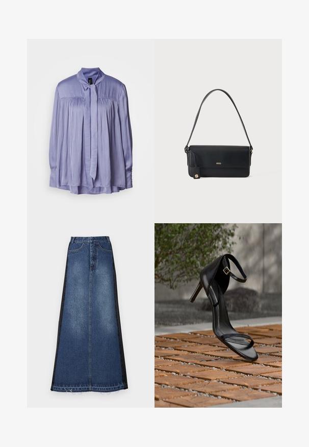 Blusa de lavanda clara hecha de una tela suave y sedosa. Presenta un cuello con lazo atado y un diseño plisado. Mangas largas con puños fruncidos.; Falda maxi de mezclilla con un cuerpo principal azul y paneles laterales negros, con un corte recto, bajo deshilachado y diseño clásico de cinco bolsillos.; Sandalia negra de tacón alto con correa en el tobillo, parece suspendida sobre un suelo de baldosas de madera al aire libre, con un fondo difuminado de vegetación y piedra.; Bolso de hombro de piel negra con el logo dorado "BOSS" en la parte delantera y un pequeño emblema dorado colgando de la correa lateral.