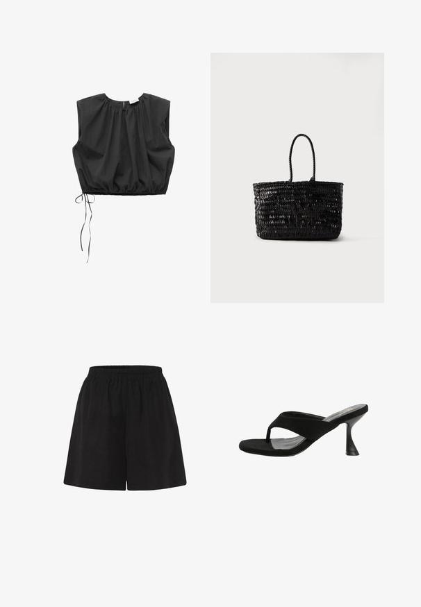 Blusa negra sin mangas, corta, con escote fruncido y cordón ajustable en el dobladillo elástico sobre fondo blanco.; Pantalones cortos de algodón negros con cinturilla elástica, con un ajuste holgado y un diseño de pierna recta. Textura suave, sin patrones o acentos adicionales.; Mule tipo tanga de ante negro con punta cuadrada y tacón de aguja acampanado.; Bolso tote de cuero tejido negro con dos asas redondeadas, de pie sobre un fondo blanco liso.