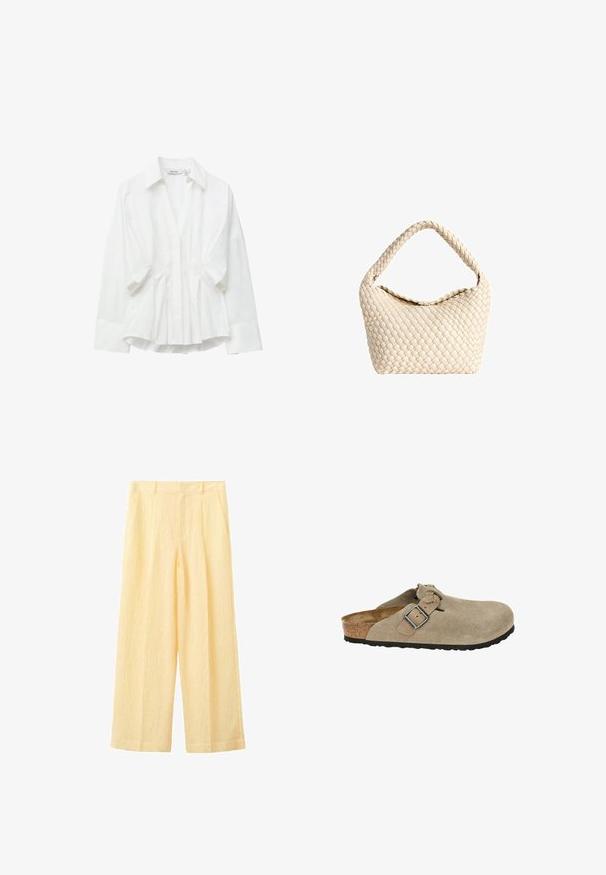 Blusa blanca de algodón con cuello, mangas largas y detalles fruncidos en la parte delantera, que crean una silueta estructurada pero relajada.; Pantalones de talle alto y pierna ancha en tela amarillo pálido con trabillas para cinturón y bolsillos laterales, diseñados para un ajuste relajado.; Zuecos de ante beige con punta redondeada, correa ajustable y hebilla, media suela de corcho y suela de goma negra texturizada para mayor tracción.; Bolso de cuero trenzado color crema con un asa ancha trenzada y una forma suave y caída.