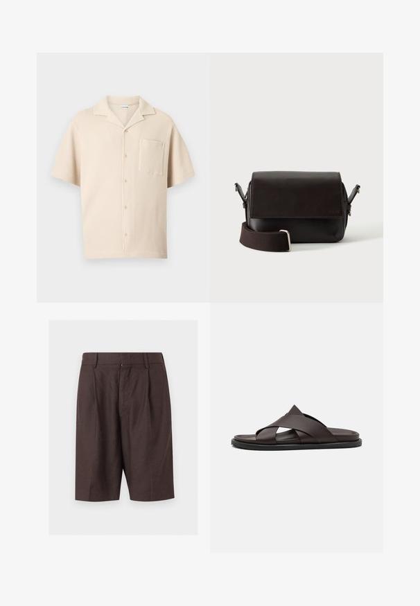 Chemise beige en maille à manches courtes avec col camp, boutons sur le devant et poche poitrine, présentée sur un fond uni.; Shorts sur mesure marron foncé longueur genou avec passants de ceinture et plis devant, présentés sur un fond clair uni.; Stuart Weitzman BERKLEY - Mules - espresso; Sac bandoulière en cuir marron foncé avec fermeture à rabat et sangle en tissu réglable sur fond blanc.